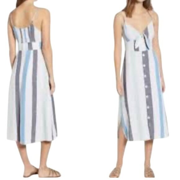 BP by Nordstrom Linen Blend Dress Striped Sleeveless Midi Button Front Tie XL - Picture 1 of 5